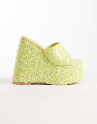 Azalea Wang Betsey Wedge Heel Sandals Yellow Sequin In Multi