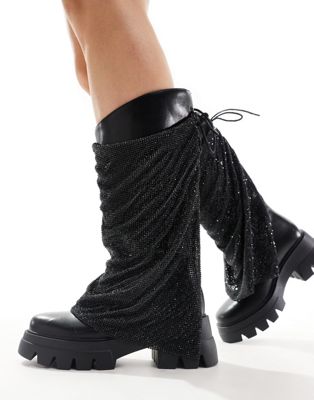 Azalea Wang Bloomfield Embellished Mesh Chunky Boots In Black