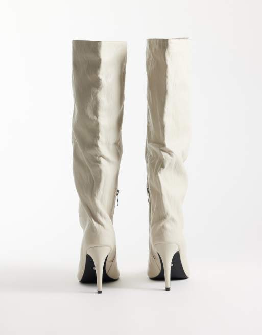 Azalea Wang bottes genou souples Estefania à talon cône en imitation cuir crème texturé, 5 de 5