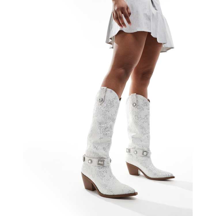 Azalea Wang Bridal Bavani embroidered western knee boots in white
