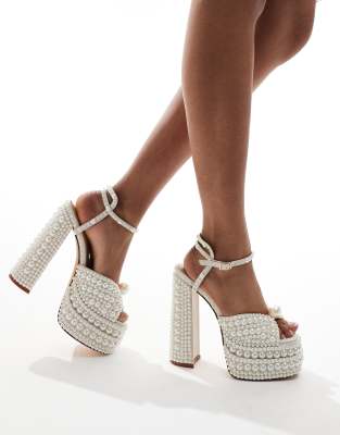 AZALEA WANG Azalea Wang Bridal Brissa pearl embellished platform heeled sandals in white