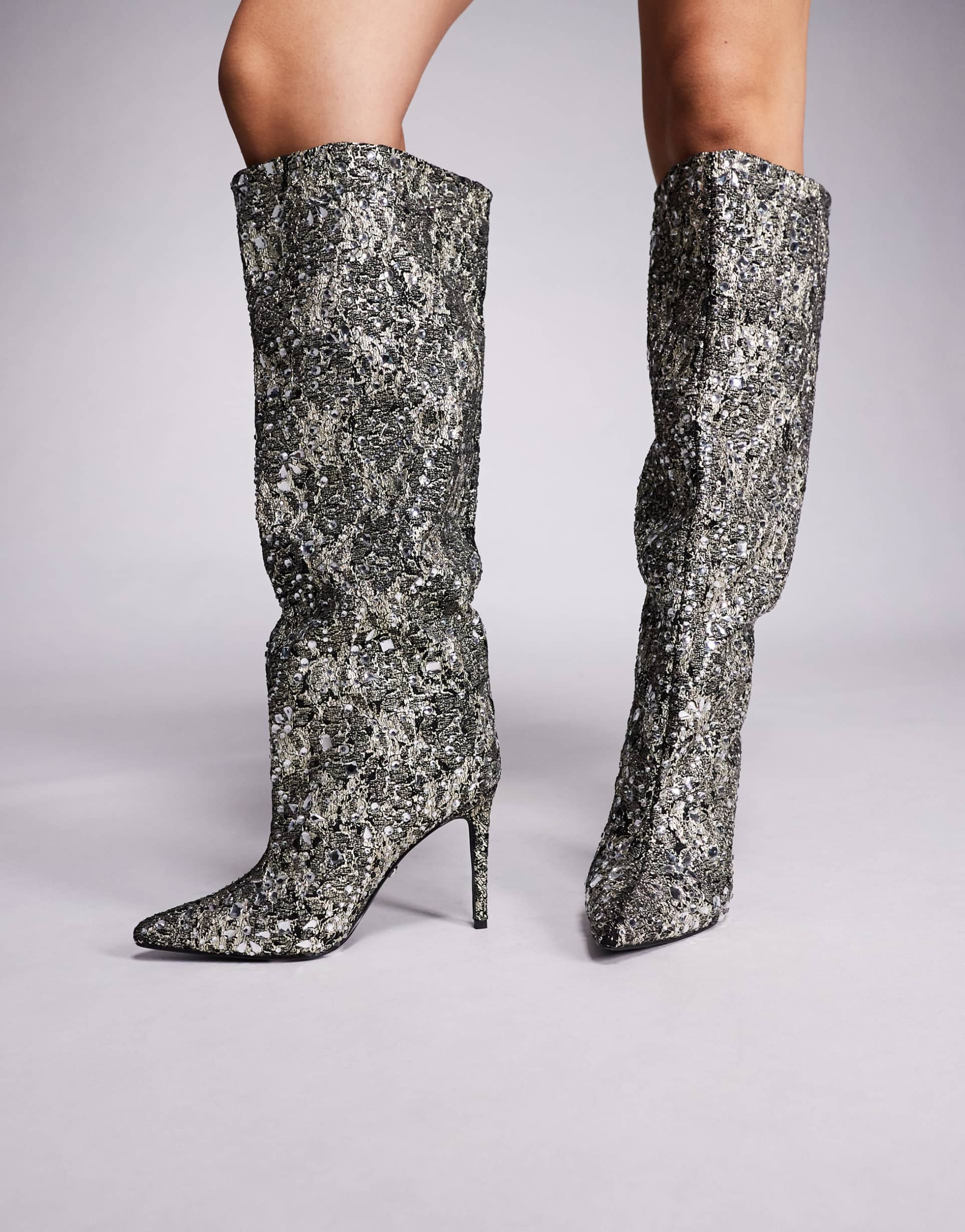 azalea wang brieley embellished knee high boots in silver