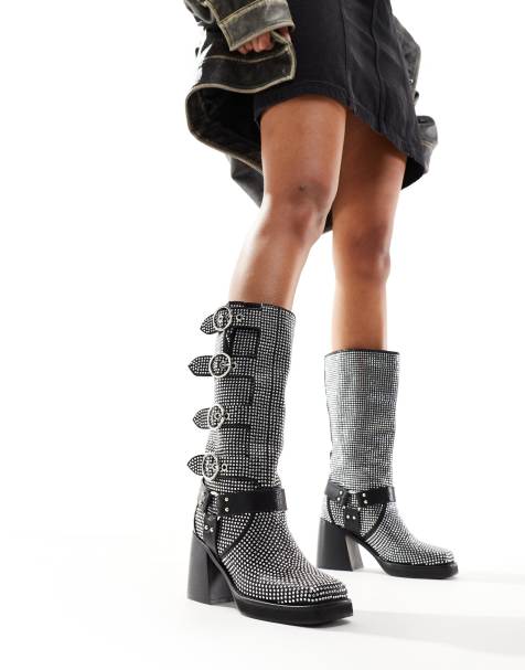Azalea Wang Bronson1 biker boot with embellished buckles in black - view 1