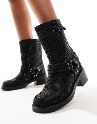  Charity embellished biker boot in Black