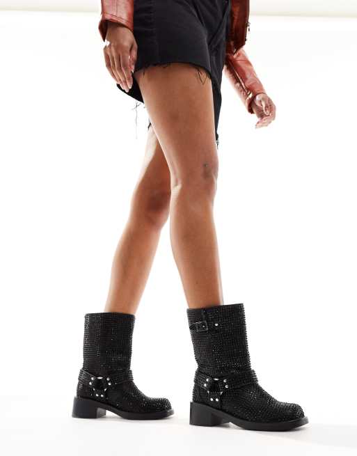 Azalea Wang Charity Embellished Biker Boots in Black Pink