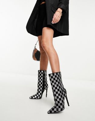 Azalea Wang Checkers glitter high ankle boot in black and silver