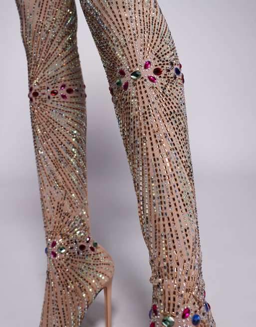 Azalea Wang Chevelle mesh sock embellished over the knee boots in beige |  ASOS