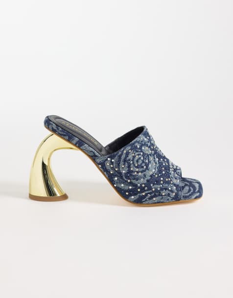 Azalea Wang Chryssa heeled mule sandals with gold heel in denim blue - view 1
