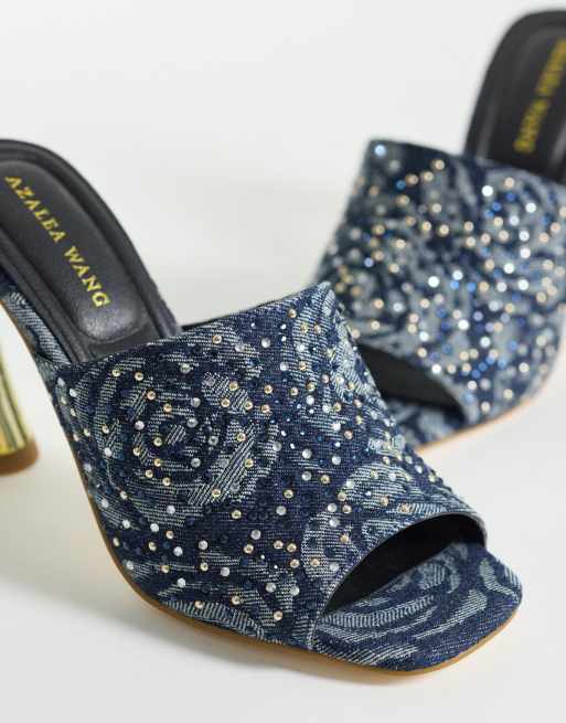 Azalea Wang Chryssa heeled mule sandals with gold heel in denim blue, 2 of 4