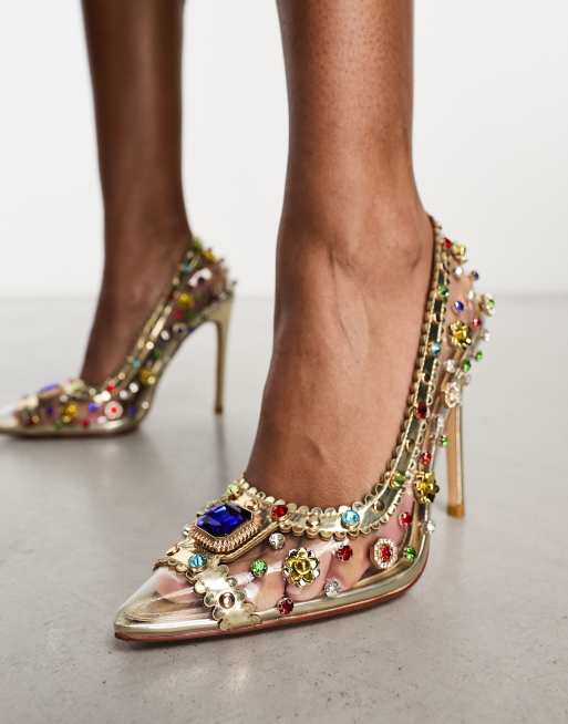 Azalea Wang Clematis embellished court shoe in gold ASOS