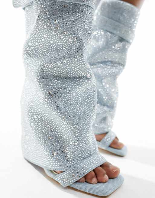 Azalea Wang - Cleva - Knæstøvler med åben tå i udsmykket denim, 3 af 4