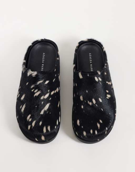 Azalea Wang clogs in deer faux hair in black and white, 2 of 4