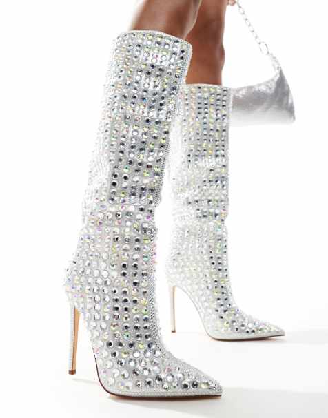 Azalea Wang Cormac embellished knee boots in silver - view 1