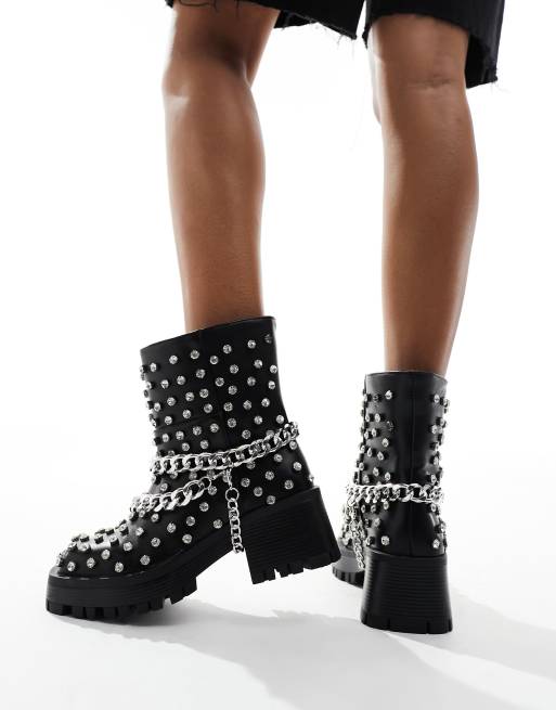 Azalea Wang Coven studded embellishment chunky ankle boots in black ASOS