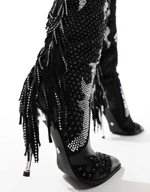 Azalea Wang Crewe over the knee western boots in black embellished