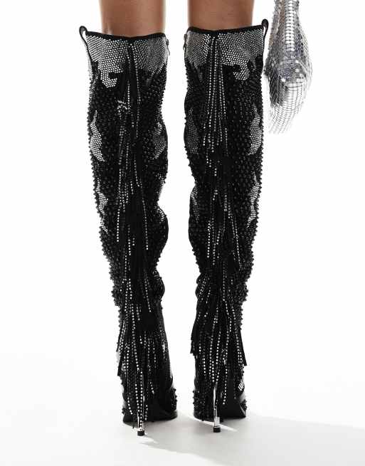 Azalea Wang Crewe over the knee western boots in black embellished