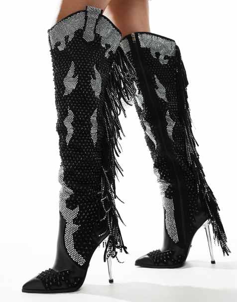 Azalea Wang - Crewe - Overknee-støvler i westernstin i sort med udsmykning - view 1