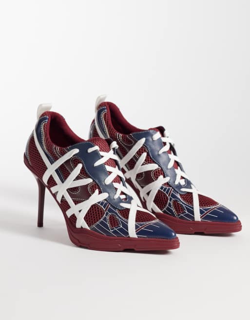 Azalea Wang Crosswalk platform sporty pointed heels with laces in red and white, 2 of 4