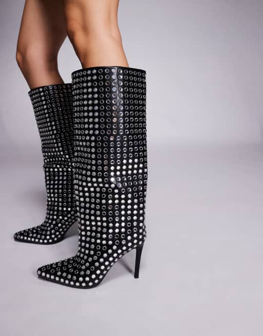 Azalea Wang Cutler stiletto heel embellished knee boots in black, 2 of 4