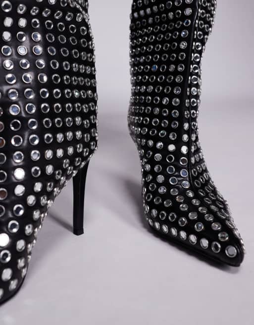 Azalea Wang Cutler stiletto heel embellished knee boots in black, 3 of 4