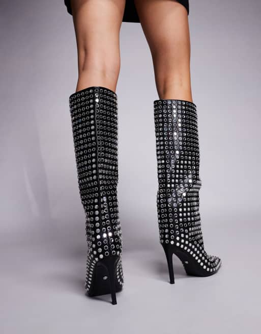 Azalea Wang Cutler stiletto heel embellished knee boots in black, 4 of 4