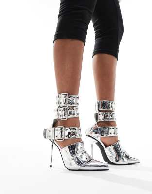 Cyclone City buckle heeled shoes in silver metallic