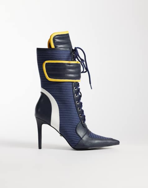 Azalea Wang Demand sporty lace up ankle boots in navy and white - view 1