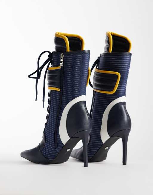 Azalea Wang Demand sporty lace up ankle boots in navy and white, 2 of 4