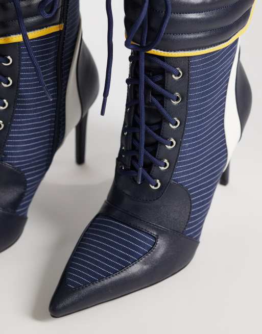 Azalea Wang Demand sporty lace up ankle boots in navy and white, 3 of 4
