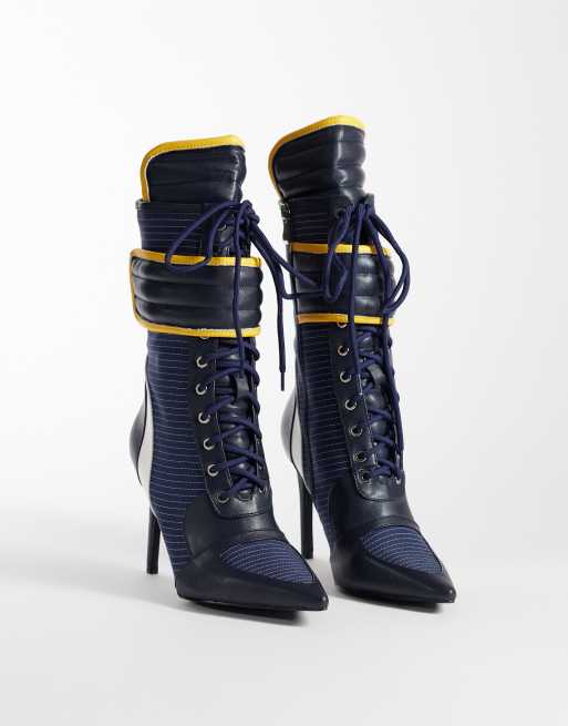 Azalea Wang Demand sporty lace up ankle boots in navy and white, 4 of 4
