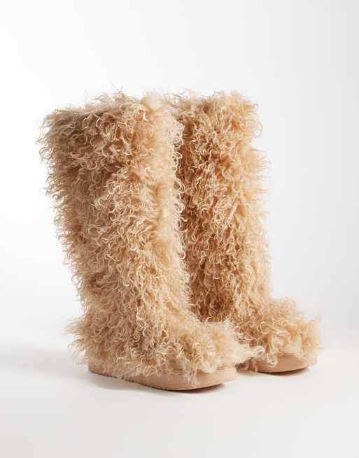 Azalea Wang Denton furry knee boots in beige, 4 of 4