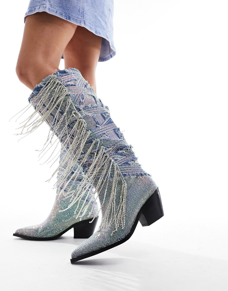 Domingo western fringe embellished knee boots in denim-Blue
