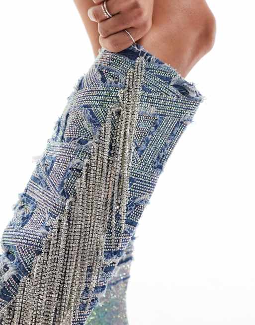 Azalea Wang Domingo western fringe embellished knee boots in denim