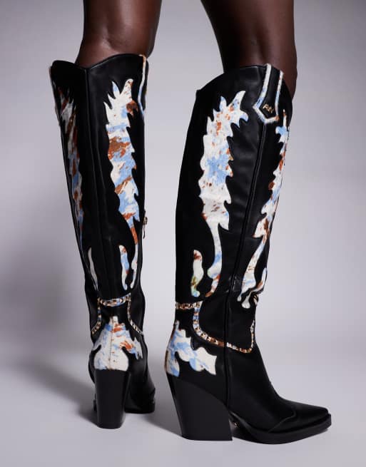 Azalea Wang - Dumas - Stivali al ginocchio stile western neri con stampa pezzata, 3 di 4