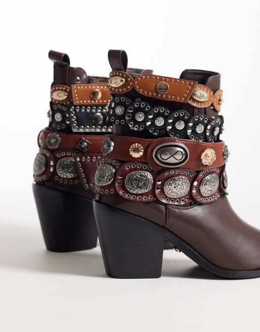Azalea Wang Dusan embellished belt ankle western mid ankle boot in brown, 4 of 4