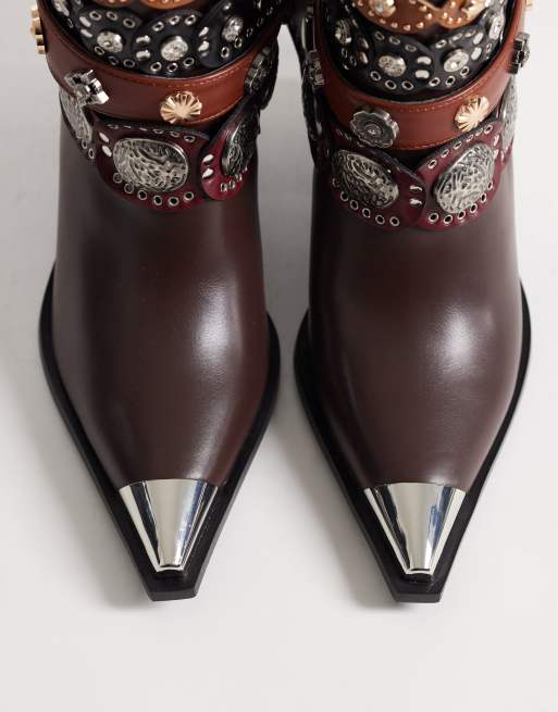 Azalea Wang Dusan embellished belt ankle western mid ankle boots in brown, 2 of 4
