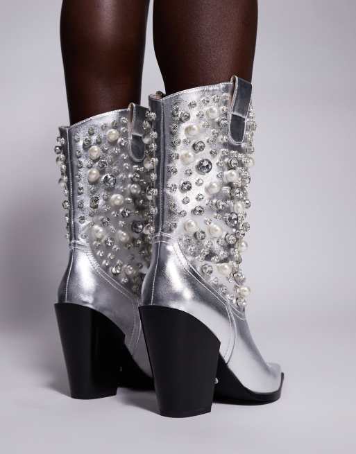 Azalea Wang Dylan embellished western boots in silver | ASOS