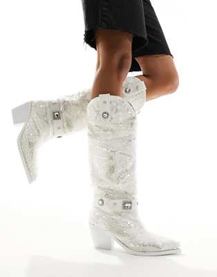 Azalea Wang Echoed Embellished Western Boot In White