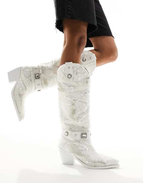 Azalea Wang Echoed embellished western boot in white - view 1