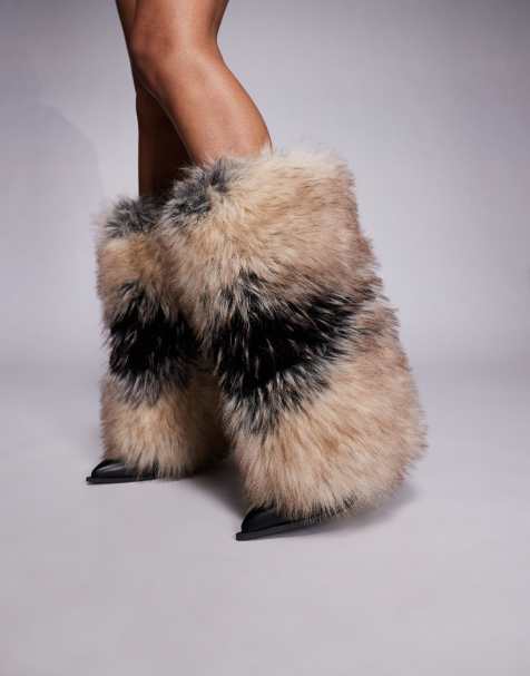 Azalea Wang Ekko faux fur heeled knee boots in brown and cream - view 1
