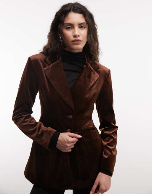Azalea Wang Elaris velvet jacket with fur collar in chocolate, 2 of 4