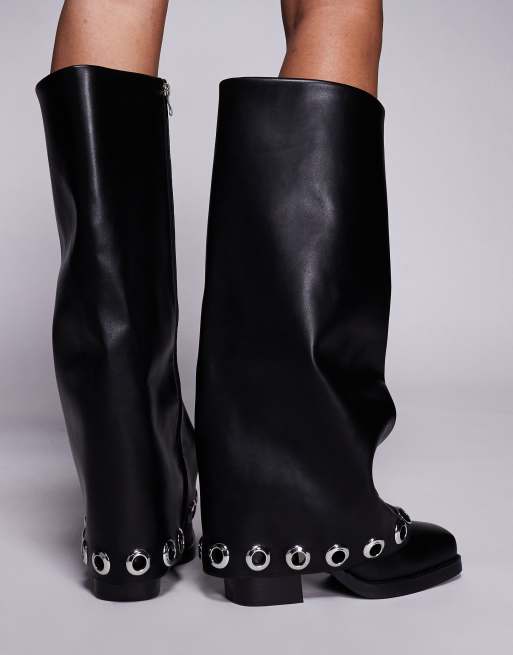 Azalea Wang Elliot foldover knee boots with grommet detailing in black