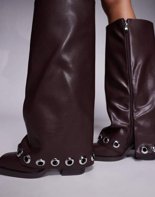 Azalea Wang Elliot foldover knee boots with grommet detailing in brown