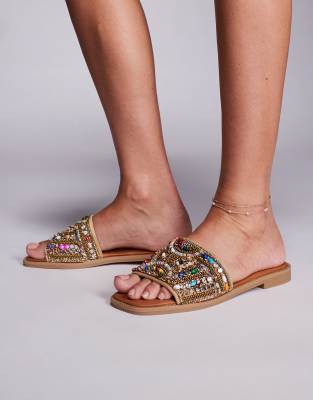 Azalea Wang embellished flat sandals in tan - view 1