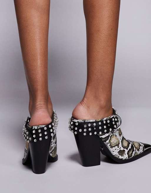 Azalea Wang - Enrico - Mules à talon style western - Noir/peau de serpent, 2 de 4