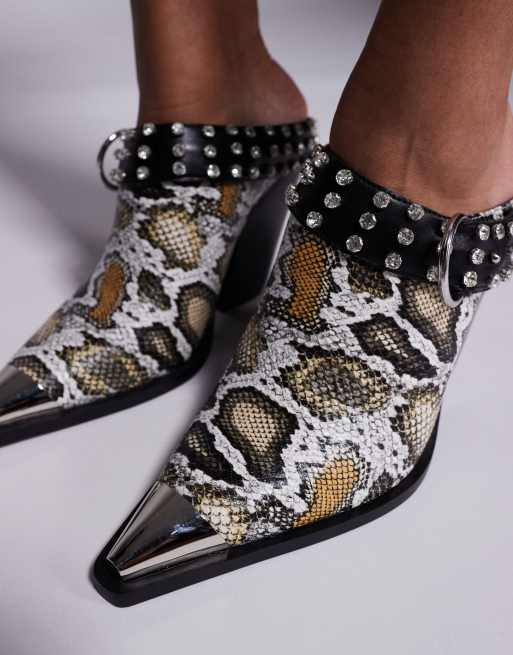 Azalea Wang - Enrico - Sabot con tacco stile western neri e pitonati, 4 di 4
