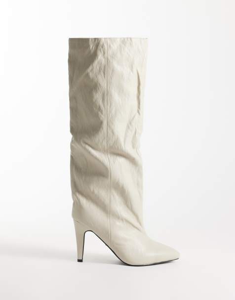 Azalea Wang Estefania boots med konklack, slouchy och knähöga i texturerad cremefärgad läderimitation - view 1