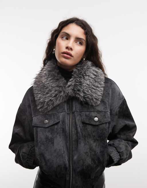 Azalea Wang Evra jacket with faux fur collar in charcoal, 2 of 4