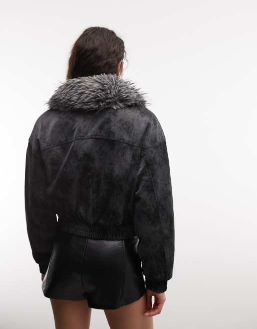 Azalea Wang Evra jacket with faux fur collar in charcoal, 4 of 4