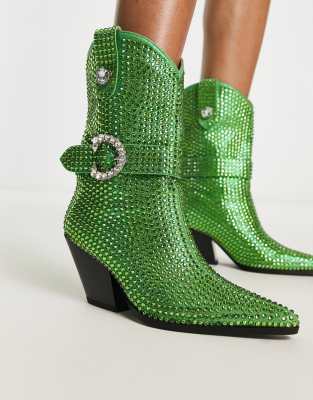 Azalea Wang Federica Rhinestone Western Boot In Green